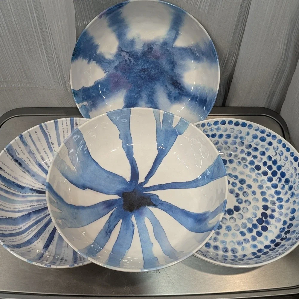 Max Studio Home Melamine Pasta Bowl Set 4 Blue White Watercolor Abstract Dot 8in